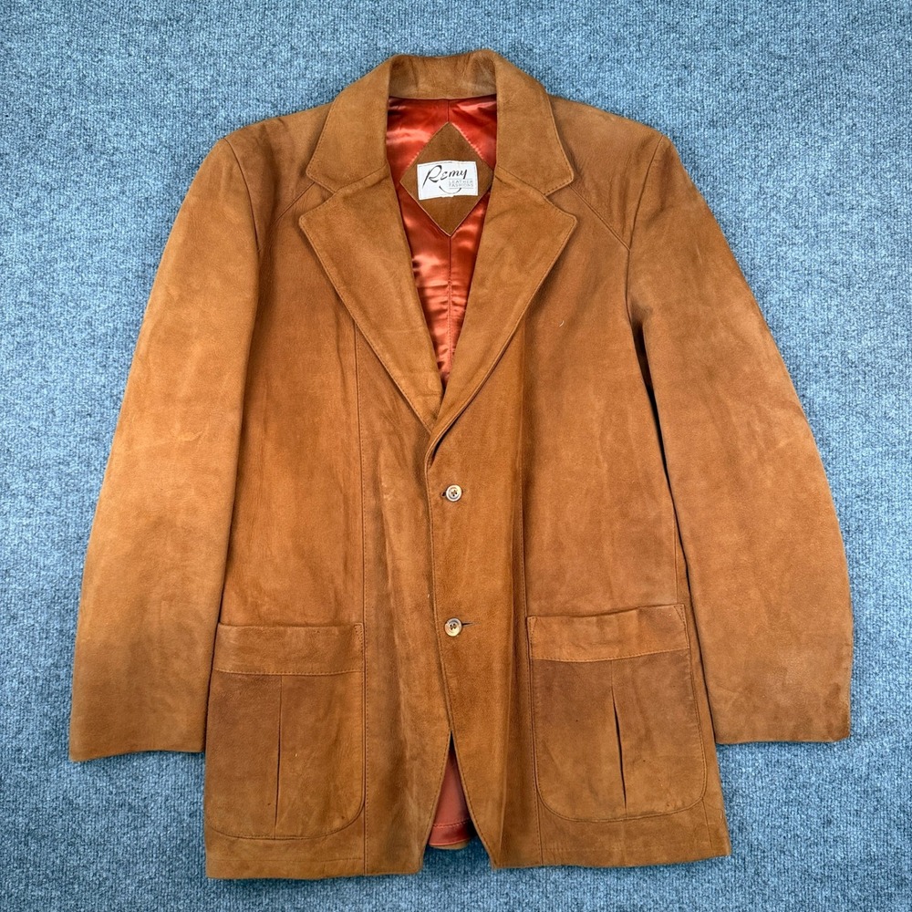 Vintage Remy Suede Leather Blazer Jacket Mens 42L Large Brown Satin Lined 90s